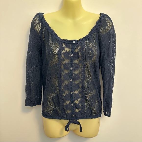 Hollister Navy Semi-Sheer Floral Knit Blouse - Picture 2 of 7
